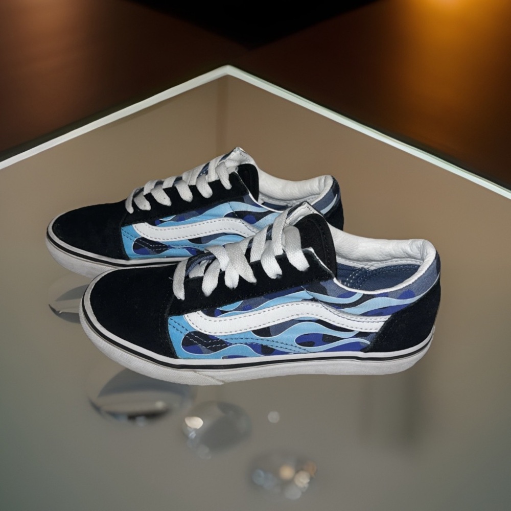 Vans Old Skool W/Blue/Ice "Camo Flame" On Sidewall Classic Waffle Bottom Sneaker